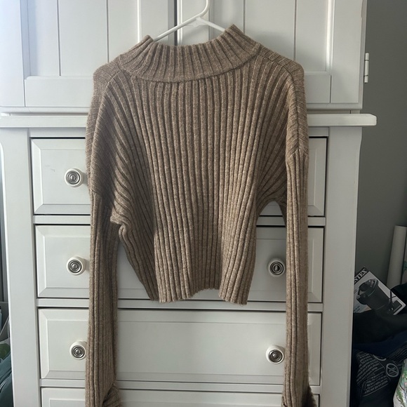 Together Tan Cowl Turtleneck Sweater with Ribbed Knit and Long Sleeves - Picture 3 of 4